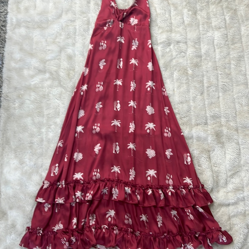 Pink long dress ( pomegranate color ) pomegranate and palm in beige.
